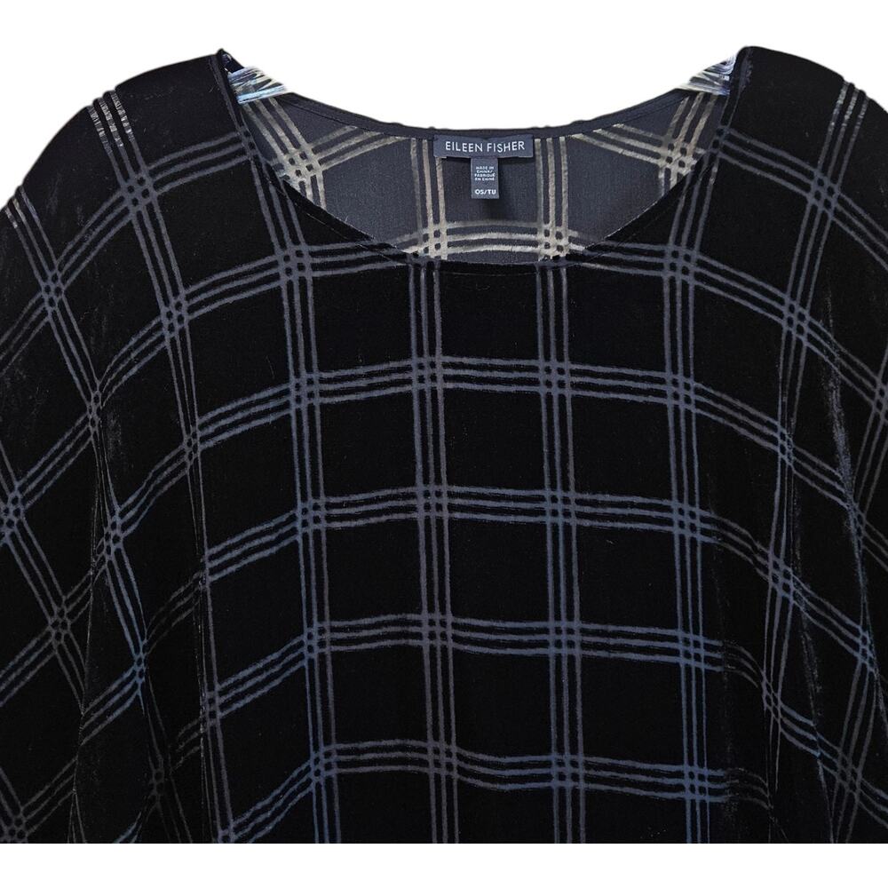 EILEEN FISHER Women One Size Poncho Velvet Burnout Black Plaid Lagenlook Topper - Picture 2 of 6
